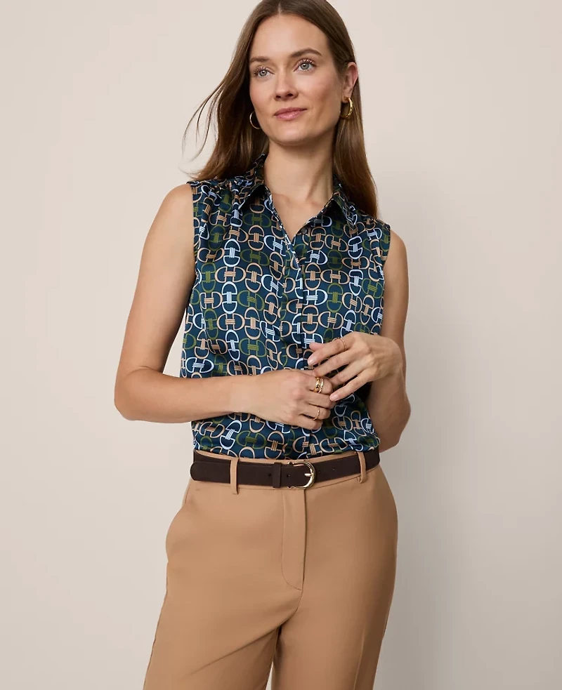 Ann Taylor Chain Link Print Sleeveless Shirt Moonlit Backdrop B Women's