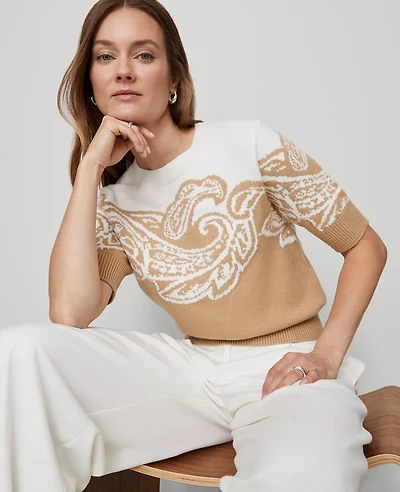 Ann Taylor Petite Paisley Jacquard Sweater Cafe Au Lait Women's