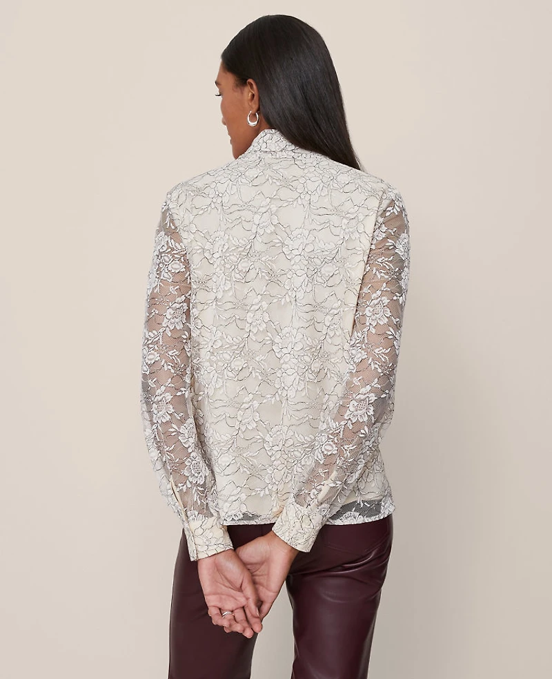 Ann Taylor Petite Lace Tie V-Neck Popover Top Black/Ivory Combo Women's