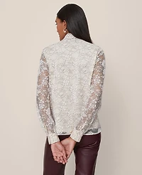 Ann Taylor Petite Lace Tie V-Neck Popover Top Black/Ivory Combo Women's