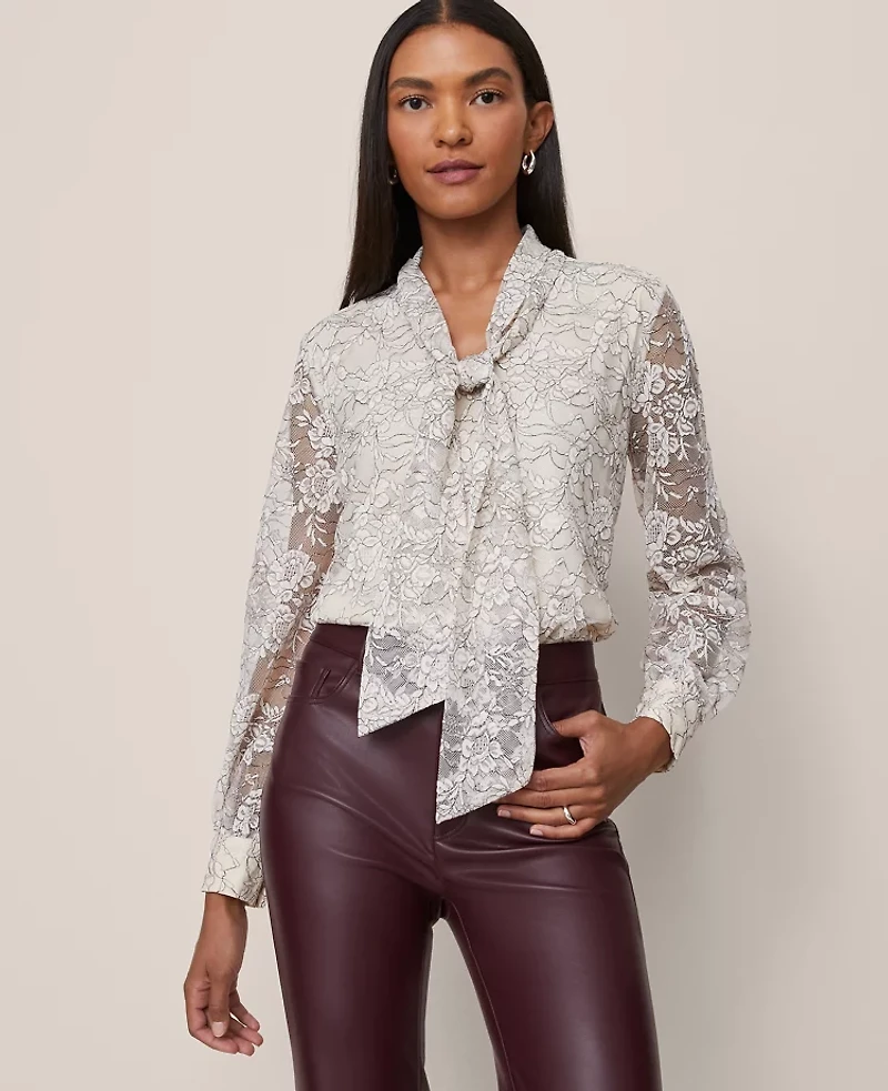 Ann Taylor Petite Lace Tie V-Neck Popover Top Black/Ivory Combo Women's