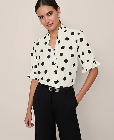 Ann Taylor Dotted Ruffle Collar Shirt Winter White Women's