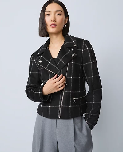 Ann Taylor The Fitted Moto Jacket Windowpane Black Women's