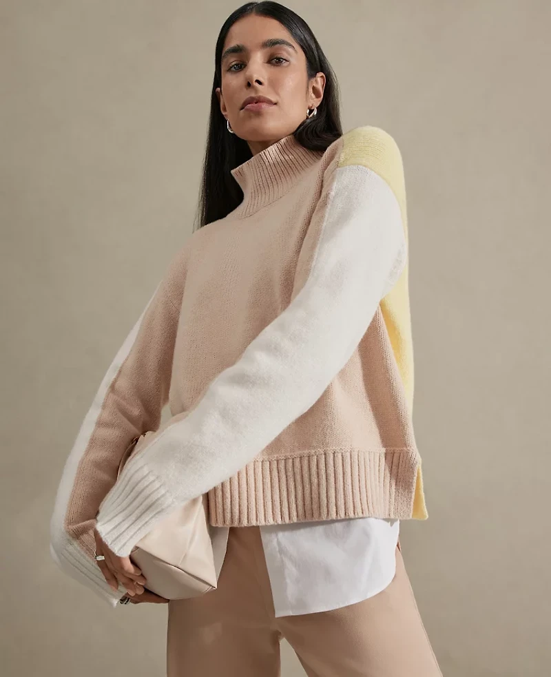 Ann Taylor Colorblock Mock Neck Sweater Camel Multi Women's