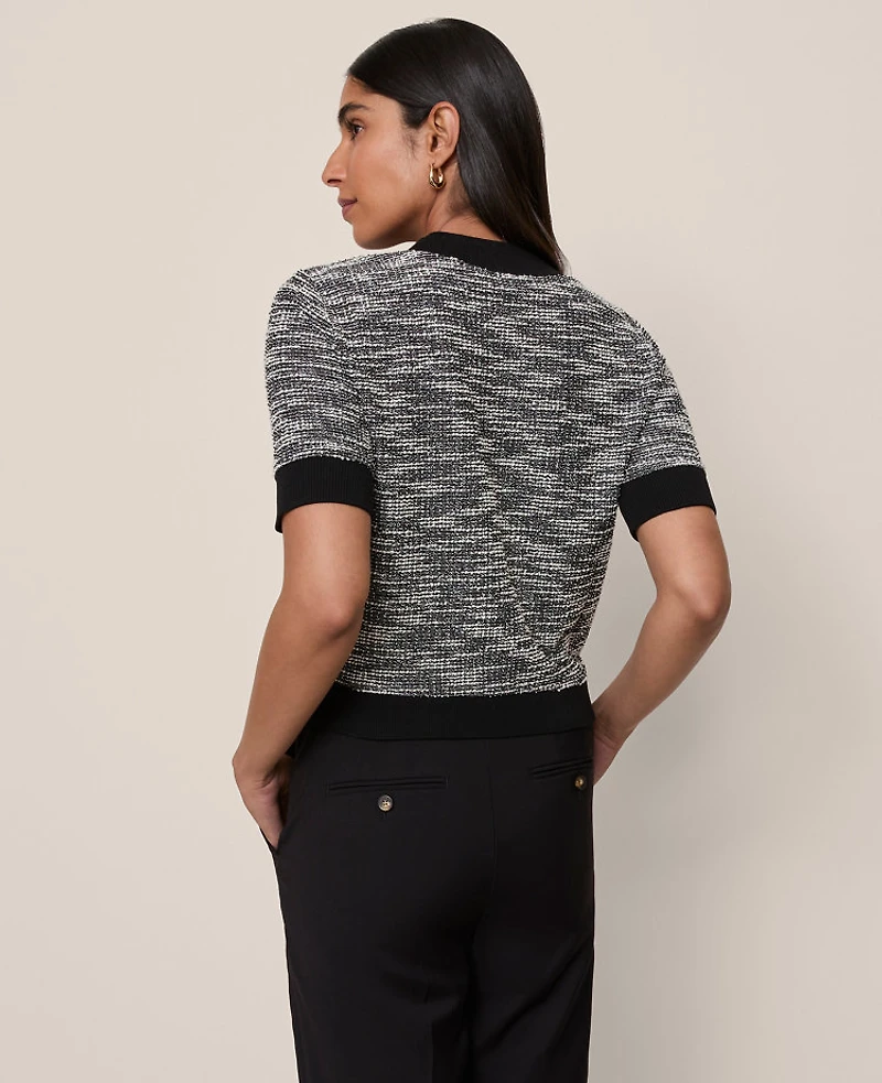 Ann Taylor Tweed Sweater Trim Top Black Multi Women's
