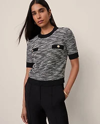 Ann Taylor Tweed Sweater Trim Top Black Multi Women's