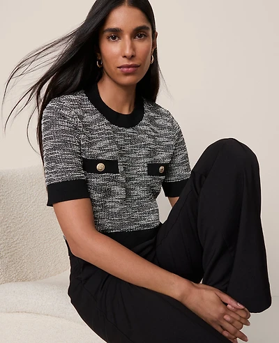 Ann Taylor Tweed Sweater Trim Top Black Multi Women's