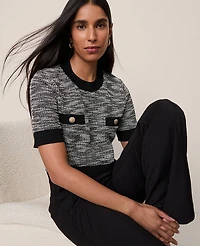 Ann Taylor Tweed Sweater Trim Top Black Multi Women's