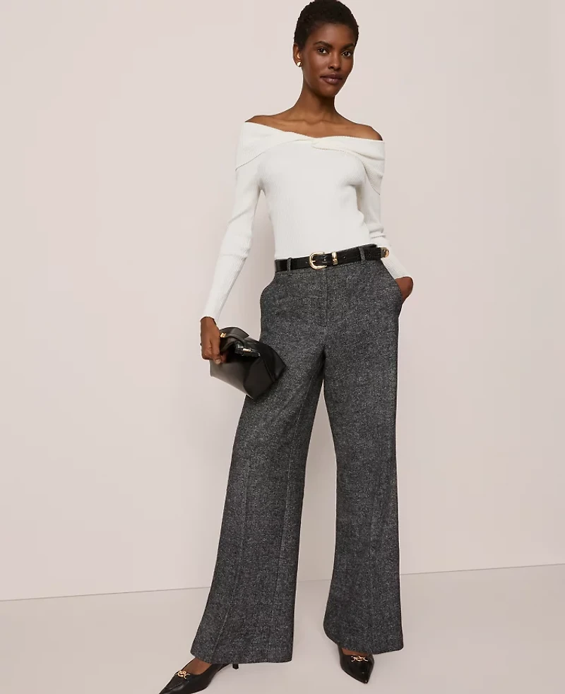Ann Taylor The Petite Wide Leg Pant Herringbone Grey/White Combo Women's