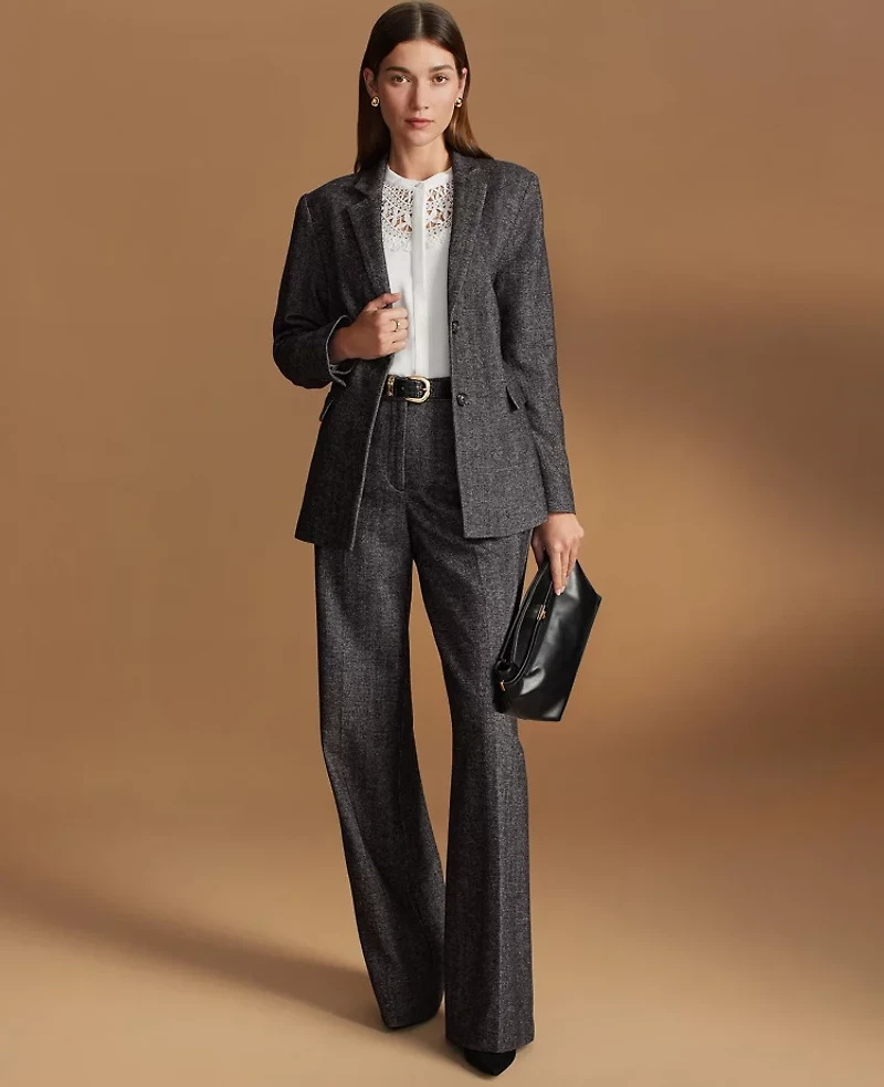 Ann Taylor The Petite Wide Leg Pant Herringbone Grey/White Combo Women's