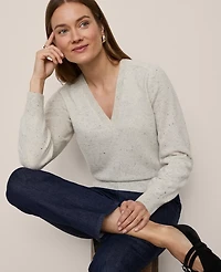 Ann Taylor Cashmere V-Neck Sweater Cream Speckle Women's