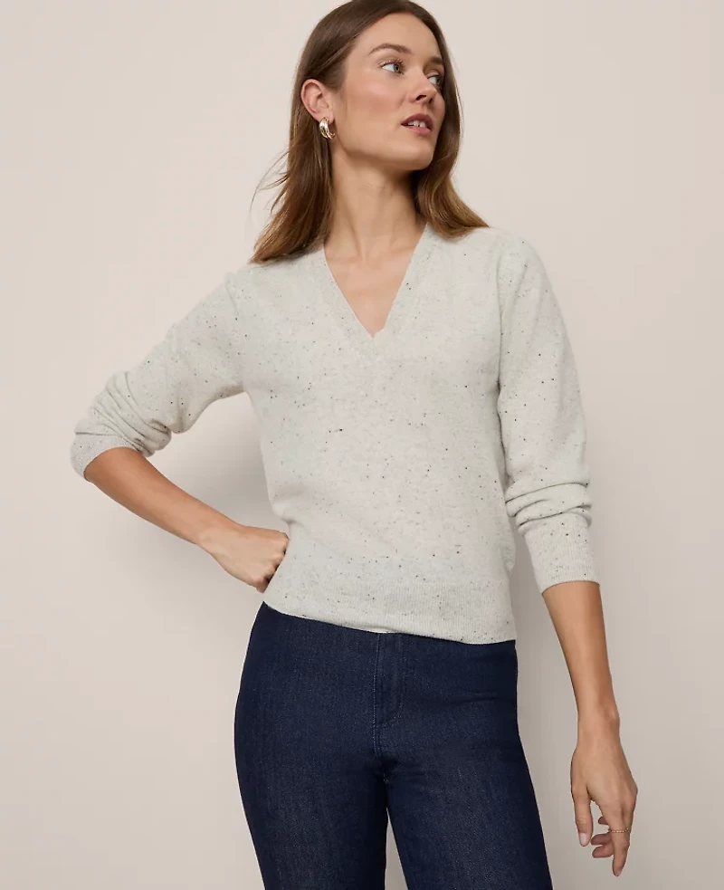 Ann Taylor Cashmere V-Neck Sweater Cream Speckle Women's