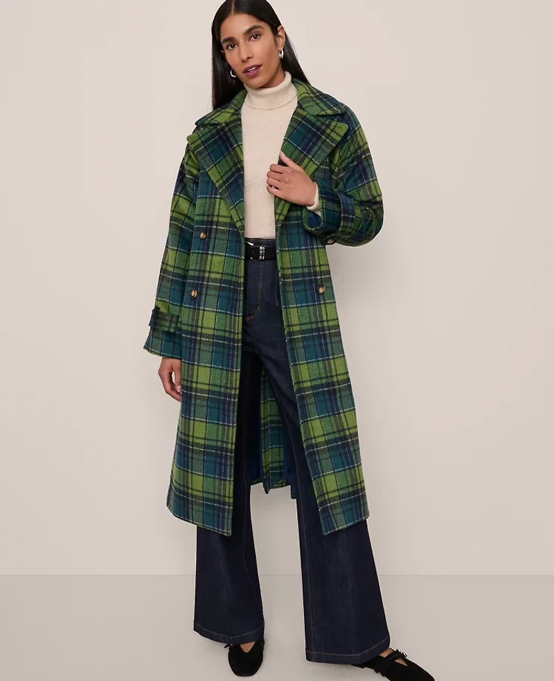 Ann Taylor Petite Plaid Trench Coat Bonsai Tree Women's