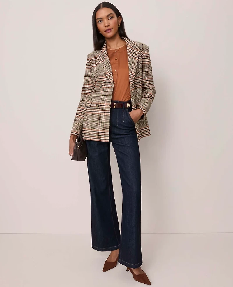 Ann Taylor The Petite Fitted Belted Blazer Plaid Pure Chocolate Women's