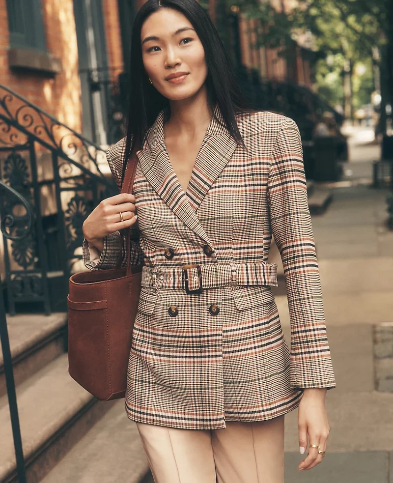 Ann Taylor The Petite Fitted Belted Blazer Plaid Pure Chocolate Women's