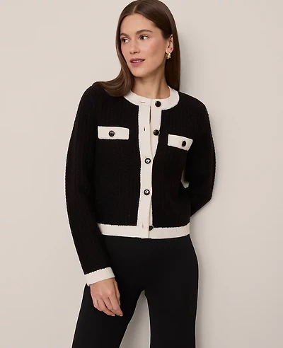 Ann Taylor Petite Textured Sweater Jacket Black/White Combo Women's