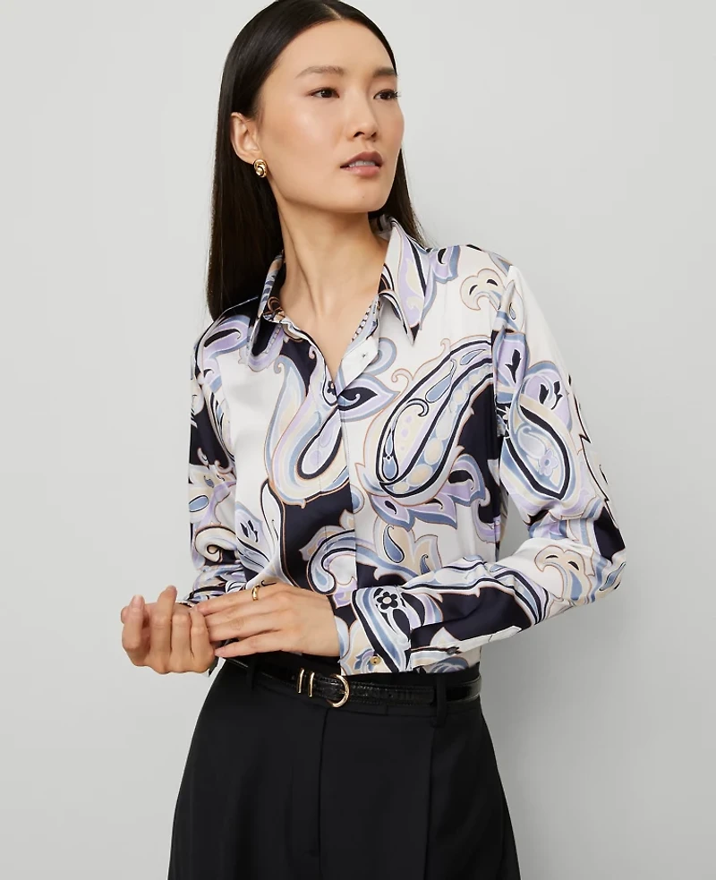 Ann Taylor Petite Paisley Satin Essential Shirt Night Sky Women's