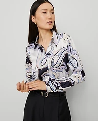 Ann Taylor Petite Paisley Satin Essential Shirt Night Sky Women's