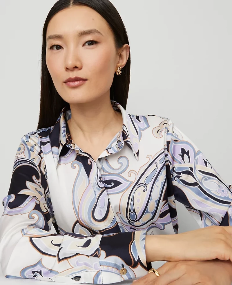 Ann Taylor Petite Paisley Satin Essential Shirt Night Sky Women's