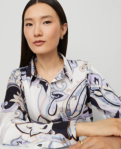 Ann Taylor Petite Paisley Satin Essential Shirt Night Sky Women's
