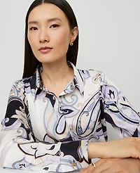 Ann Taylor Petite Paisley Satin Essential Shirt Night Sky Women's