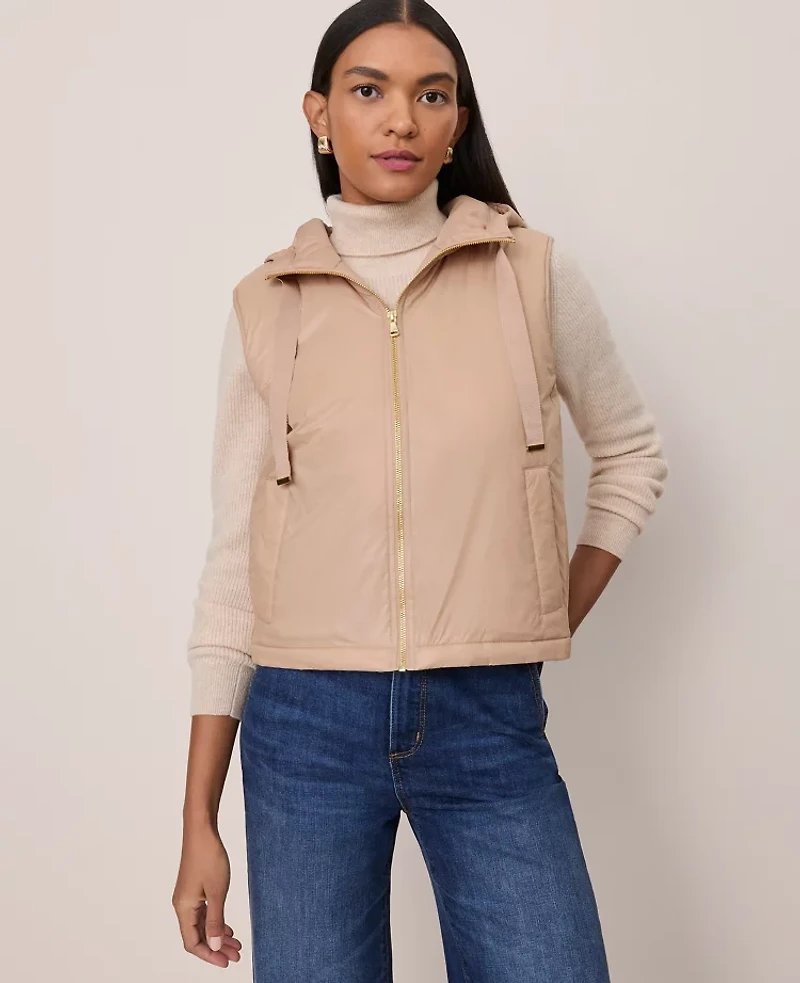 Ann Taylor Petite Hooded Puffer Vest Cafe Au Lait Women's