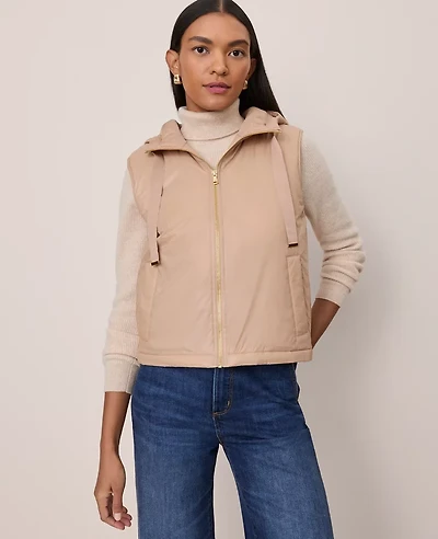 Ann Taylor Petite Hooded Puffer Vest Cafe Au Lait Women's