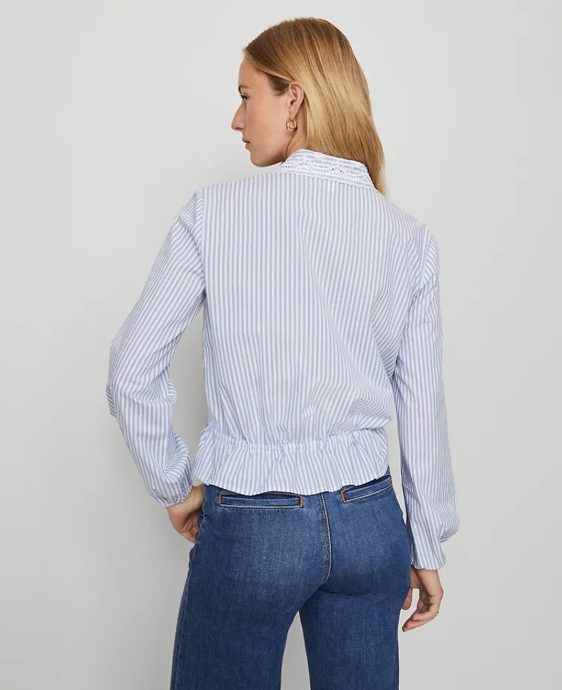 Ann Taylor Petite Weekend Collection Striped Tie Waist Popover Top Cool Cascades Women's