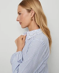 Ann Taylor Petite Weekend Collection Striped Tie Waist Popover Top Cool Cascades Women's