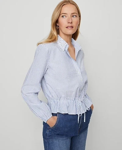 Ann Taylor Petite Weekend Collection Striped Tie Waist Popover Top Cool Cascades Women's