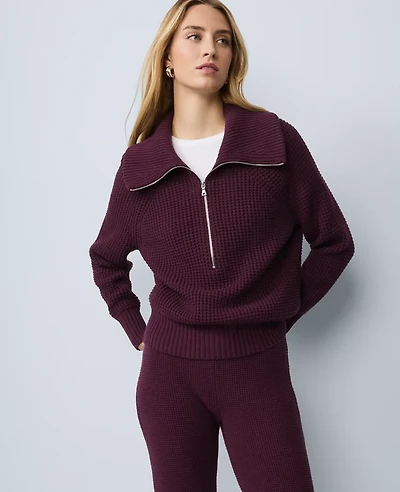 Ann Taylor Weekend Collection Half-Zip Waffle Sweater Poised Plum Women's