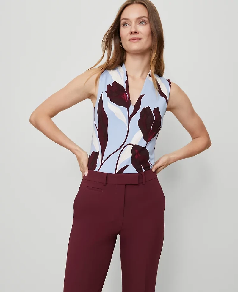 Ann Taylor Petite Floral Sleeveless V-Neck Top Placid Blue Women's
