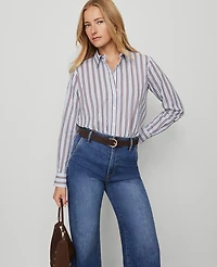 Ann Taylor Weekend Collection Striped Relaxed Perfect Shirt Placid Blue Women's