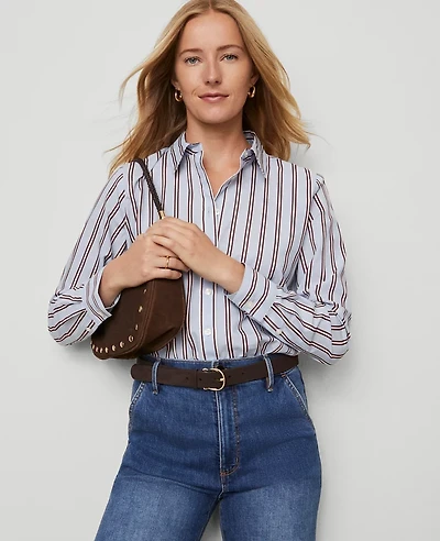 Ann Taylor Weekend Collection Striped Relaxed Perfect Shirt Placid Blue Women's