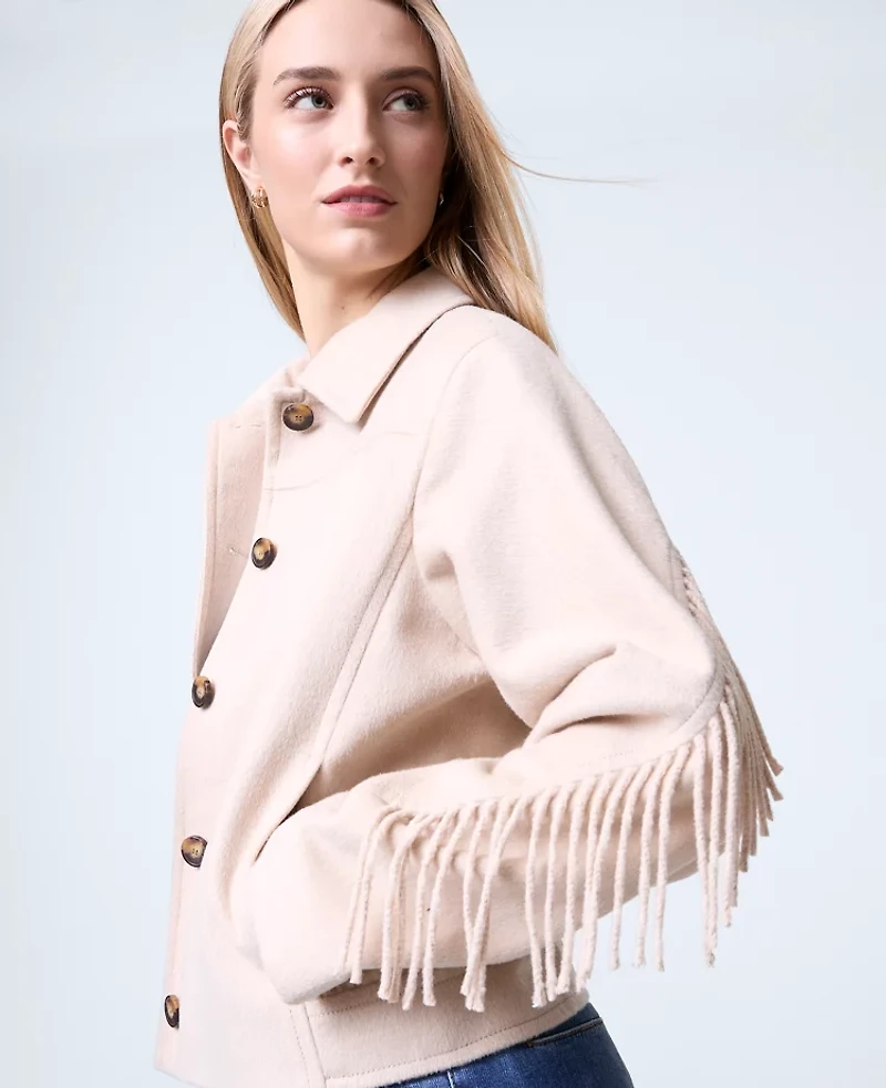 Ann Taylor Weekend Collection Fringe Bomber Jacket Pale Sandalwood Women's