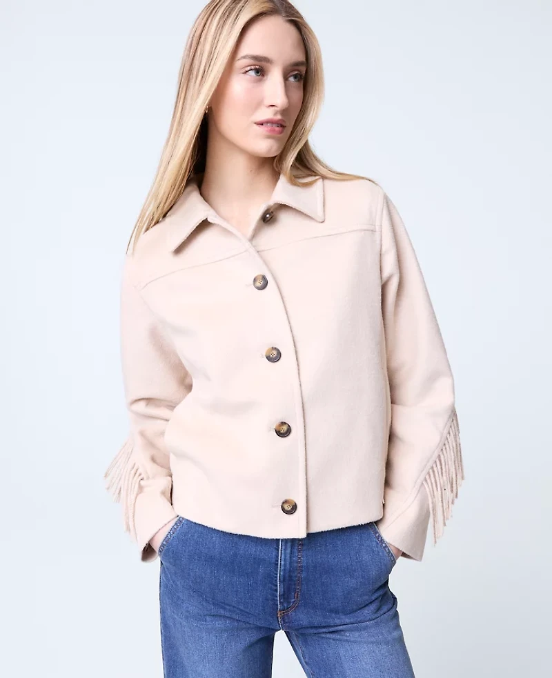 Ann Taylor Weekend Collection Fringe Bomber Jacket Pale Sandalwood Women's