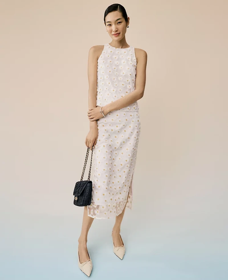 Ann Taylor Daisy Appliqué Column Midi Skirt Size 8 White Multi Women's