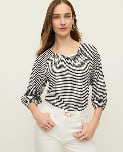 Ann Taylor Gingham Raglan Blouse Black/White Combo Women's