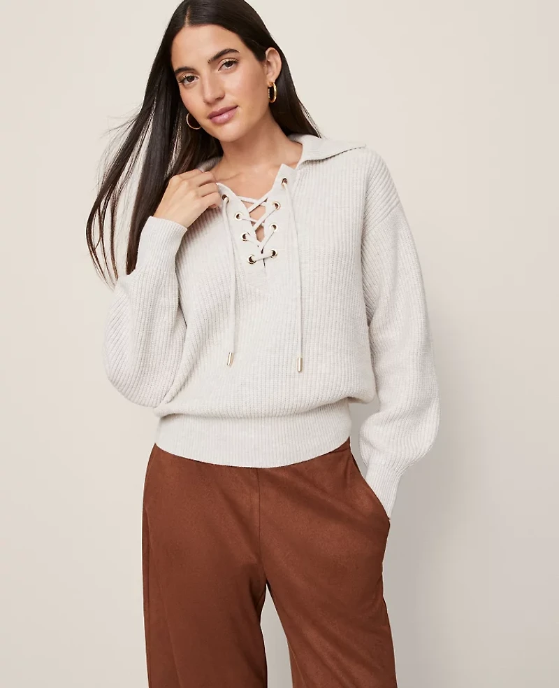 Ann Taylor Weekend Collection Lace-Up Ribbed Sweater Pale Sand Heather Women's