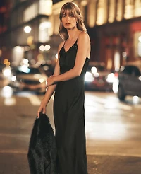 Ann Taylor Petite Lace Trim Satin Slip Midi Dress Black Women's