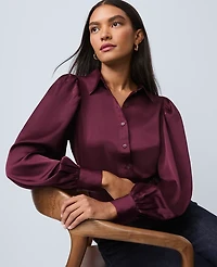 Ann Taylor Satin Blouson Sleeve Blouse Size Large Poised Plum Women's