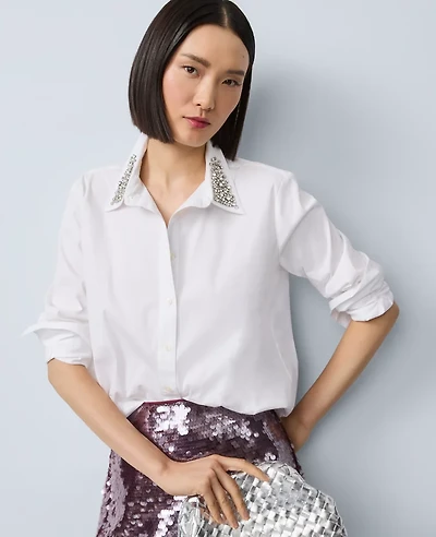 Ann Taylor Embellished Relaxed Perfect Shirt White Women's