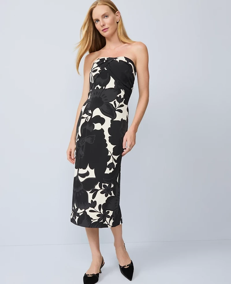 Ann Taylor Petite Floral Strapless Midi Dress Black Women's