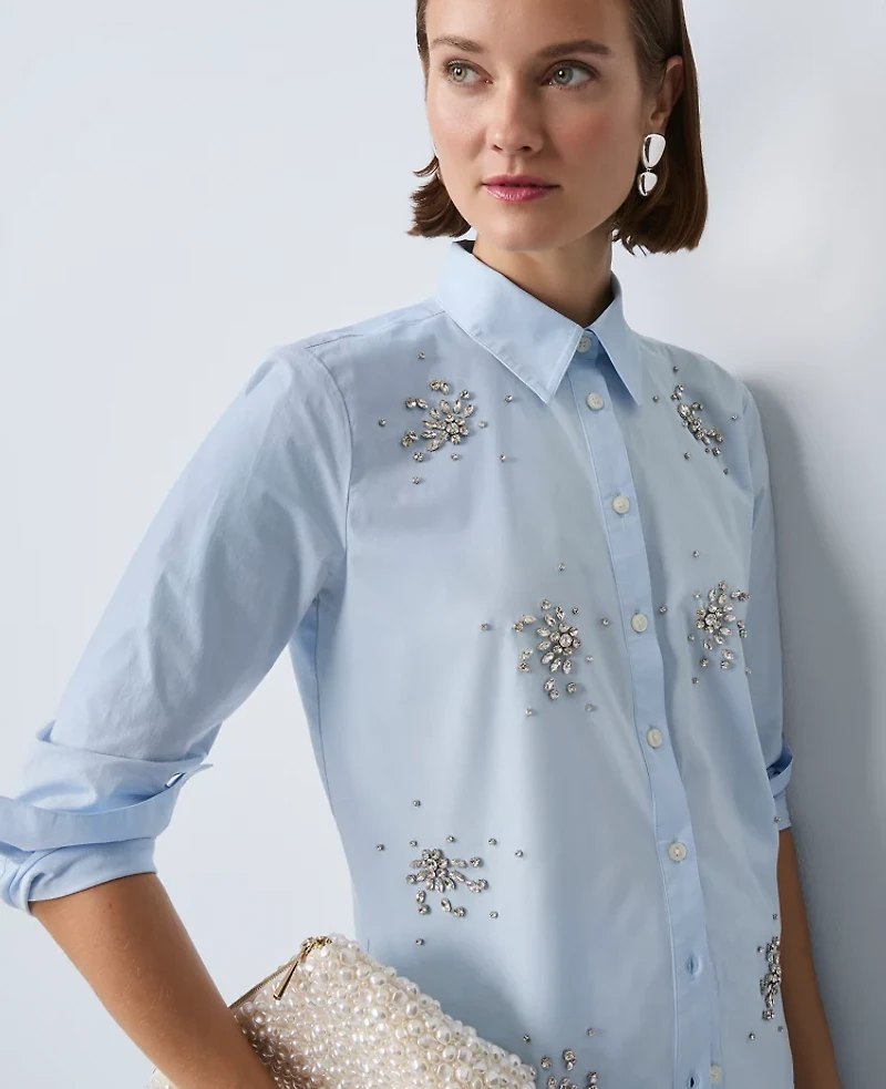 Ann Taylor Embellished Relaxed Perfect Shirt Blue Quartz Women's