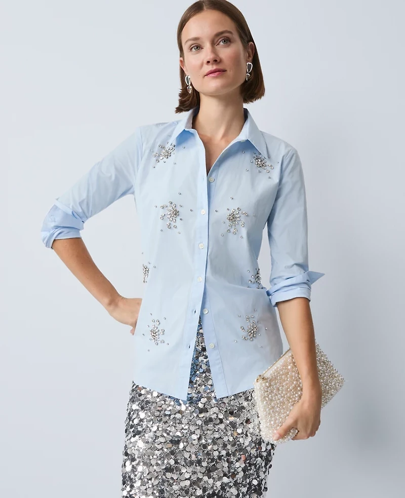 Ann Taylor Embellished Relaxed Perfect Shirt Blue Quartz Women's