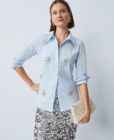 Ann Taylor Embellished Relaxed Perfect Shirt Blue Quartz Women's
