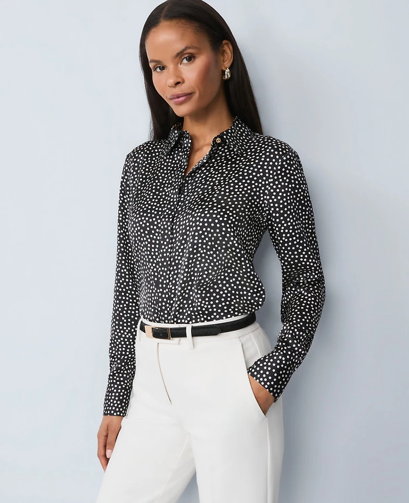 Ann Taylor Dotted Satin Essential Shirt Black Women's