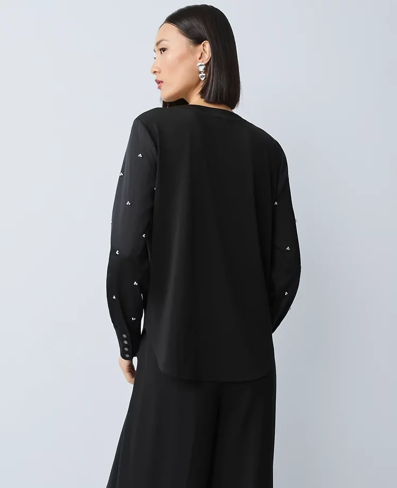 Ann Taylor Pearl Embellished Mixed Media Top Black Women's
