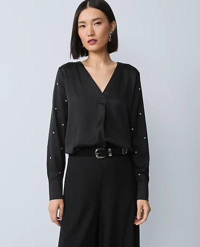 Ann Taylor Pearl Embellished Mixed Media Top Black Women's