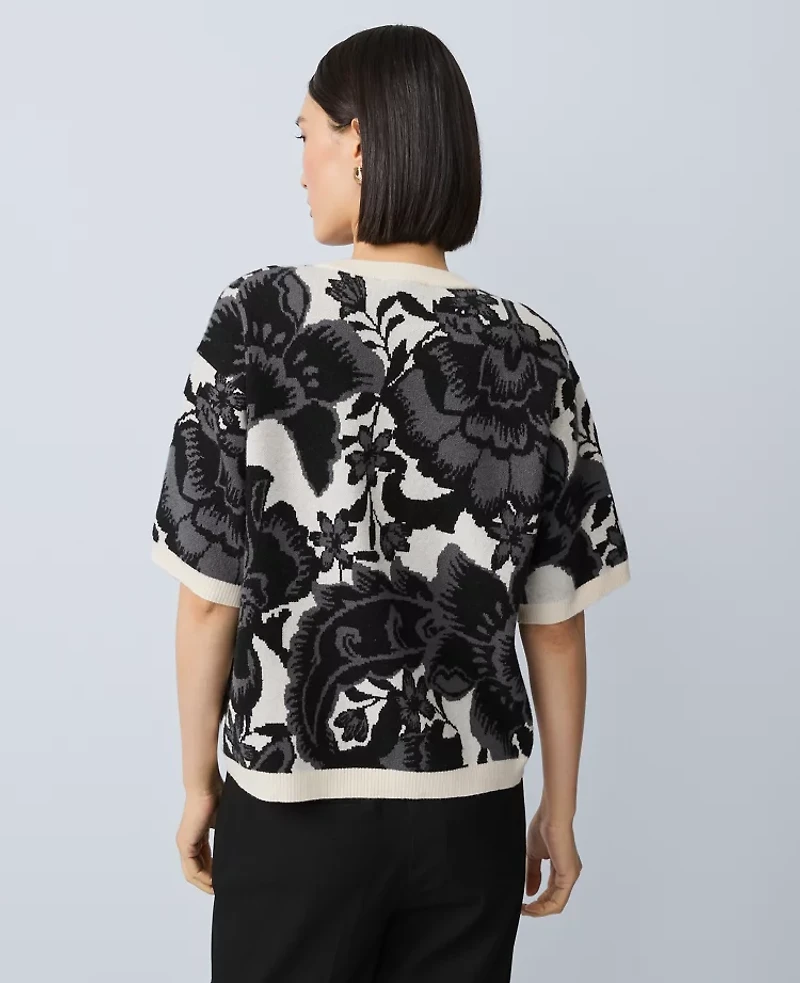 Ann Taylor Floral Jacquard Sweater T-Shirt Black Women's
